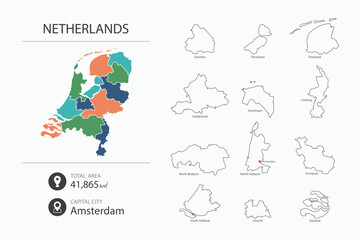 Map of Netherlands with detailed country map. Map elements of cities, total areas and capital.