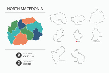 Naklejka premium Map of North Macedonia with detailed country map. Map elements of cities, total areas and capital.