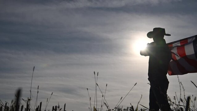 American Farmer Waving US National Flag in Slow Motion