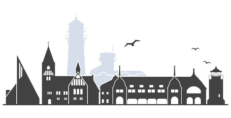 Cityscape of island Sylt with landmarks, silhouette of german sea resort, Westerland outline, vector