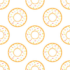 White chocolate donut seamless pattern. Sweet glazed donut with colorful confetti. Unhealthy food. Vector illustration isolated on white background.
