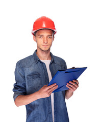 Construction worker man in helmet isolated on white background.