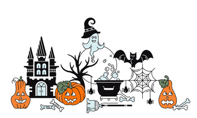 Happy halloween banner. Vector colored background. Pumpkins, castle, ghosts.
