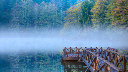 Morning evaporation of water over the lake - Amazing autumn landscape with Karagol (Black lake) - A...