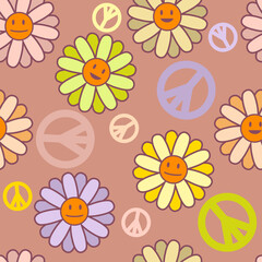 Positive seamless pattern with symbol of peace and smiling flowers. Vintage print for T-shirt, textile and fabric. Hand drawn vector illustration for decor and design.