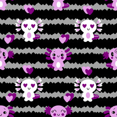 Seamless pattern with axolotls and hearts in asexual flag colors. Perfect print for tee, textile and fabric. Hand drawn vector illustration for decor and design.