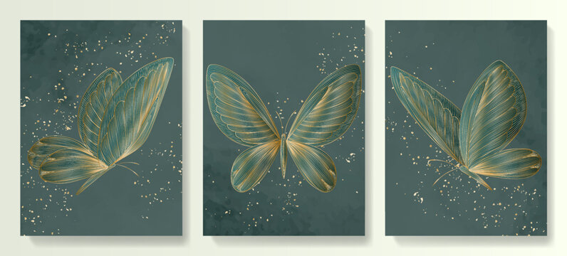 Dark watercolor luxury art background with butterflies in gold line art style. Animalistic set of posters for decoration, interior design, print, wallpaper, packaging, textile, invitations.