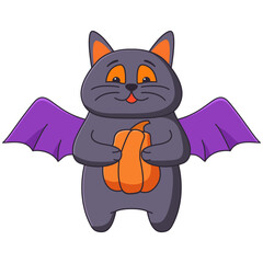 Halloween black cat with wings .A scared cat. The cat is holding a pumpkin in his hands.Frightened kitty.Hand drawn illustration.Isolated on white background.