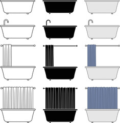 Bathtub and Shower with Curtain Curtain Clipart - Outline, Silhouette & Color