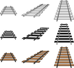 Angled Railroad or Train Tracks Clipart Set - Outline, Silhouette & Color