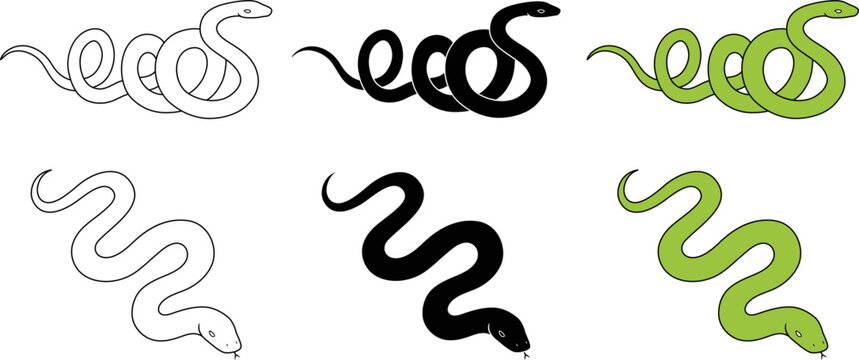 Green Snake Clipart- Outline, Silhouette & Color