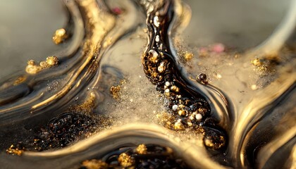 Luxurious golden fluid art. Golden waves, smooth lines and stains of liquid paint, acrylic art. Gold dust and gems, beauty background. 3D illustration.