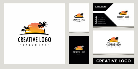 tropical island with palm trees logo design template with business card design