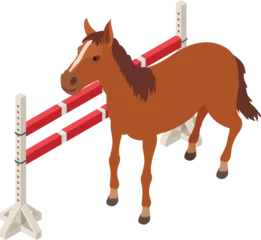 Fotobehang Horseback riding icon isometric vector. Racing horse near equestrian fence icon. Equestrian sport, hobby © ylivdesign