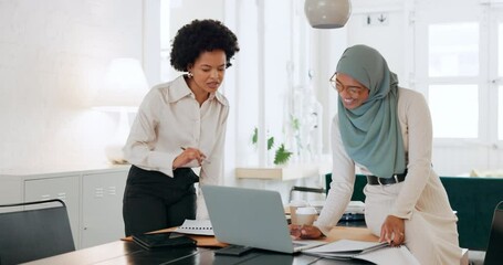 Diversity employees, laptop and business women planning online strategy, collaboration and ideas in modern office startup. Global teamwork of black woman, muslim worker and project management on tech - Powered by Adobe