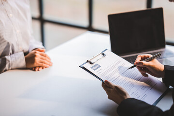 Portrait of a person interviewing for a job and.Submit resume to staff job application concept