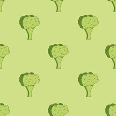 Seamless pattern with broccoli on a green background. Vector illustration in the style of flat with broccoli. A flat background with a healthy vegetable. Print for kitchen wallpaper.