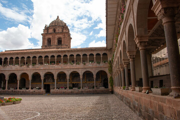 Inner courtyard, with a view of the corridors with arches and columns in Qorikancha, Church and Convent of Santo Domingo de Guzmán, in Cusco. 