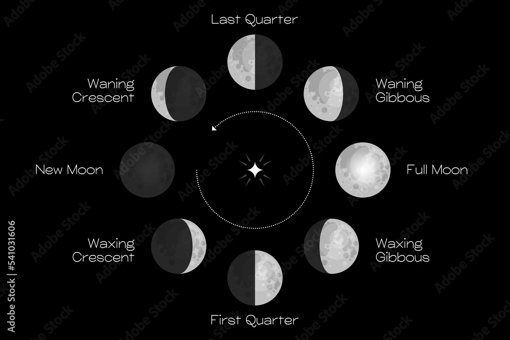Poster moon phases scheme sphere shadow cycle astronomy icon set. vector illustration background