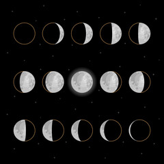 Moon phases scheme sphere shadow cycle astronomy icon set. Vector Illustration background
