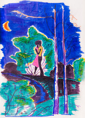 Obraz na płótnie Canvas A couple kissing under the moon. Hand drawn was made using felt pens.