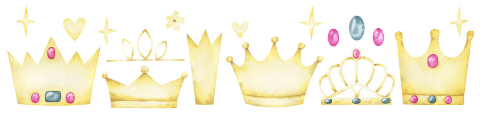 Watercolor set with gold shining crowns, gemstones, stars and hearts. Delicate elements for holiday designs © Liubov