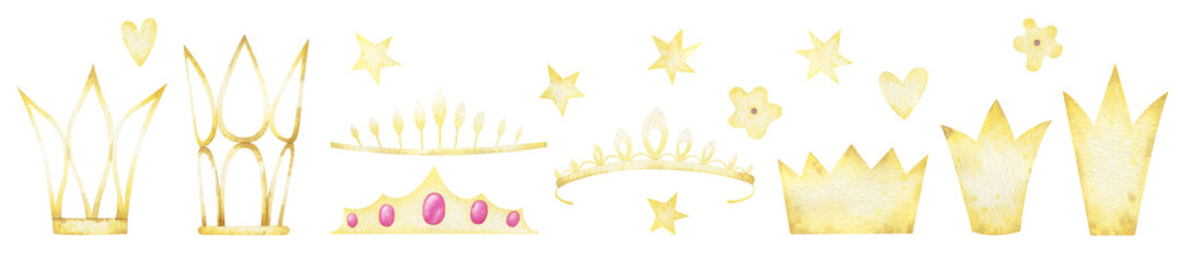 Watercolor set with gold delicate crowns, flowers, stars and hearts. Cute elements for holiday designs