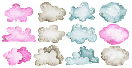 Watercolor set with pink, beige and blue clouds and backgrounds. Vintage sky for creative designs