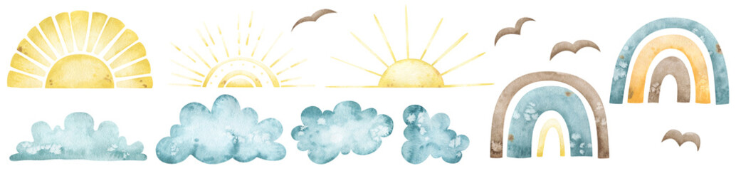 Watercolor set with vintage sun, clouds, rainbows and birds. Retro sky for creative designs