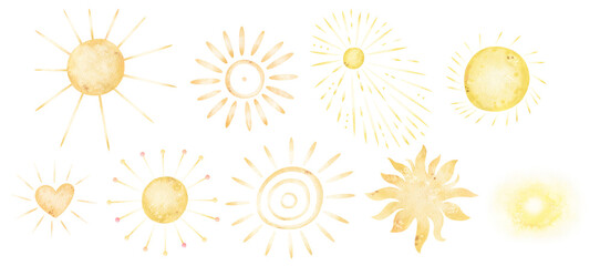Watercolor set with retro sun. Ethno sky for creative designs