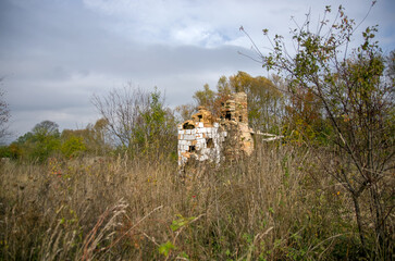 Stary kaflowy piec pozostałości ruiny domu w zaroślach.	
 - obrazy, fototapety, plakaty