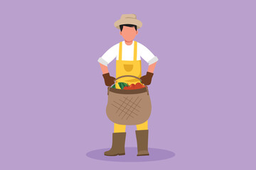 Character flat drawing male farmer carrying basket full of bananas, apples, watermelons. Picking fresh fruit from harvest. Success farmer with organic natural crop. Cartoon design vector illustration