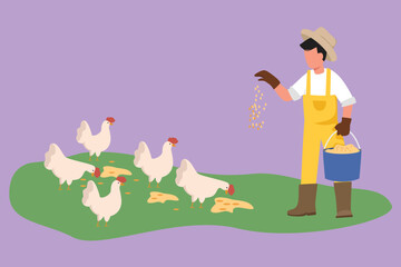 Obraz na płótnie Canvas Character flat drawing young male farmer holding bucket of seed and feeding chickens and hens. Countryside farming. Rural scene with agricultural worker and poultry. Cartoon design vector illustration