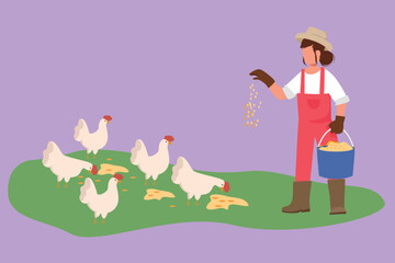 Graphic flat design drawing woman farmer holding bucket of seeds and feeding chickens and hens. Countryside farming. Rural scene with agricultural worker and poultry. Cartoon style vector illustration