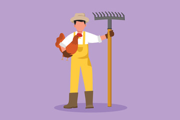 Graphic flat design drawing male farmer standing and holding chicken with rake. Young man villager character work, care of hens on poultry farm, agriculture, farming. Cartoon style vector illustration