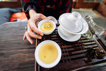 Top view tea set a wooden table for tea ceremony background.
