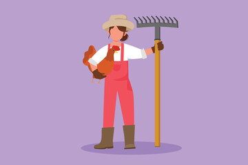 Character flat drawing female farmer standing and holding chicken with rake. Young woman villager character work, care of hens on poultry farm, agriculture, farming. Cartoon design vector illustration