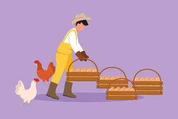 Fototapeta premium Character flat drawing eco farm with male farmer holding basket of eggs and hen near field with barns. Man with organic food, agrarian worker. Village, countryside. Cartoon design vector illustration