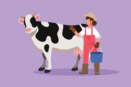 Graphic Flat Design Drawing Female Farmer Character Standing Near Cow With Bucket. Woman Feeding Farm Animal. Cute Rural Scene With Shepherdess Hugging Adorable Calf. Cartoon Style Vector Illustration