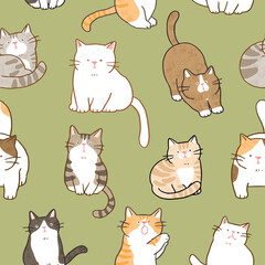 Seamless Pattern with Hand Drawn Cartoon Cat Design on Green Background