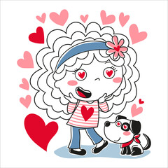 illustration of a girl in love with her dog