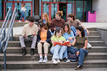 Fototapeta na wymiar Group of students sitting on the stairs of the university exchanging opinions and notes in their free time