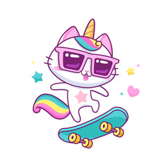 Cute baby Caticorn kitten or Cat Unicorn on skateboard - kawaii style vector illustration. Baby Cat Unicorn cartoon character. Kids tee print design
