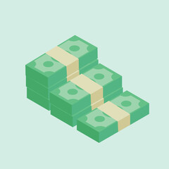 isometric money dollar cash flat vector illustration. dollar banknotes illustration. green paper bill. Fly cartoon money isolated on blue background. suitable for finance and business