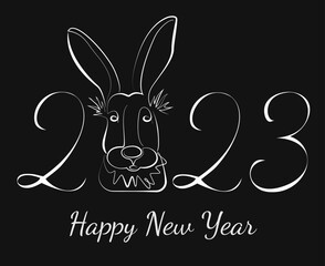 Happy New Year 2023 Greeting Card. Image of the symbol of the year - a hare drawn with one line on the dark background. Vector illustration