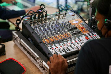 Professional mixing console with faders and adjusting knobs. sound tuning of sound mixer