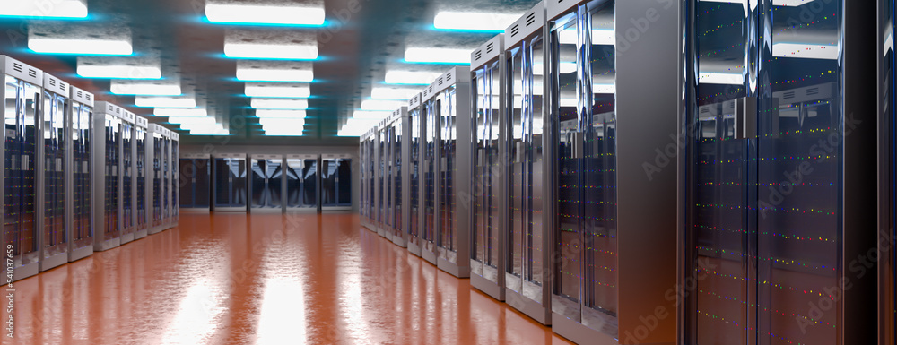 Poster server room. server data center. backup, mining, hosting, mainframe, farm and computer rack with sto