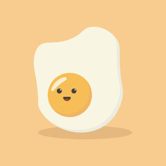 Cute cartoon character design of fried egg vector illustration isolated on yellow background. Happy cute smiling funny kawaii fried egg