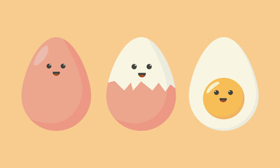 Cute cartoon character design of boiled egg vector illustration isolated on yellow background. Happy cute smiling funny kawaii boiled egg