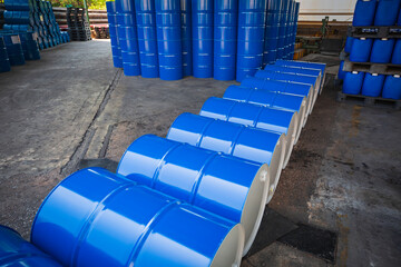 Oil barrels blue or chemical drums vertical and horizontal